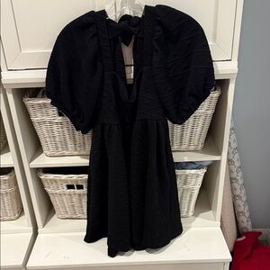 Free People Black Textured Puff-Sleeve Mini Dress